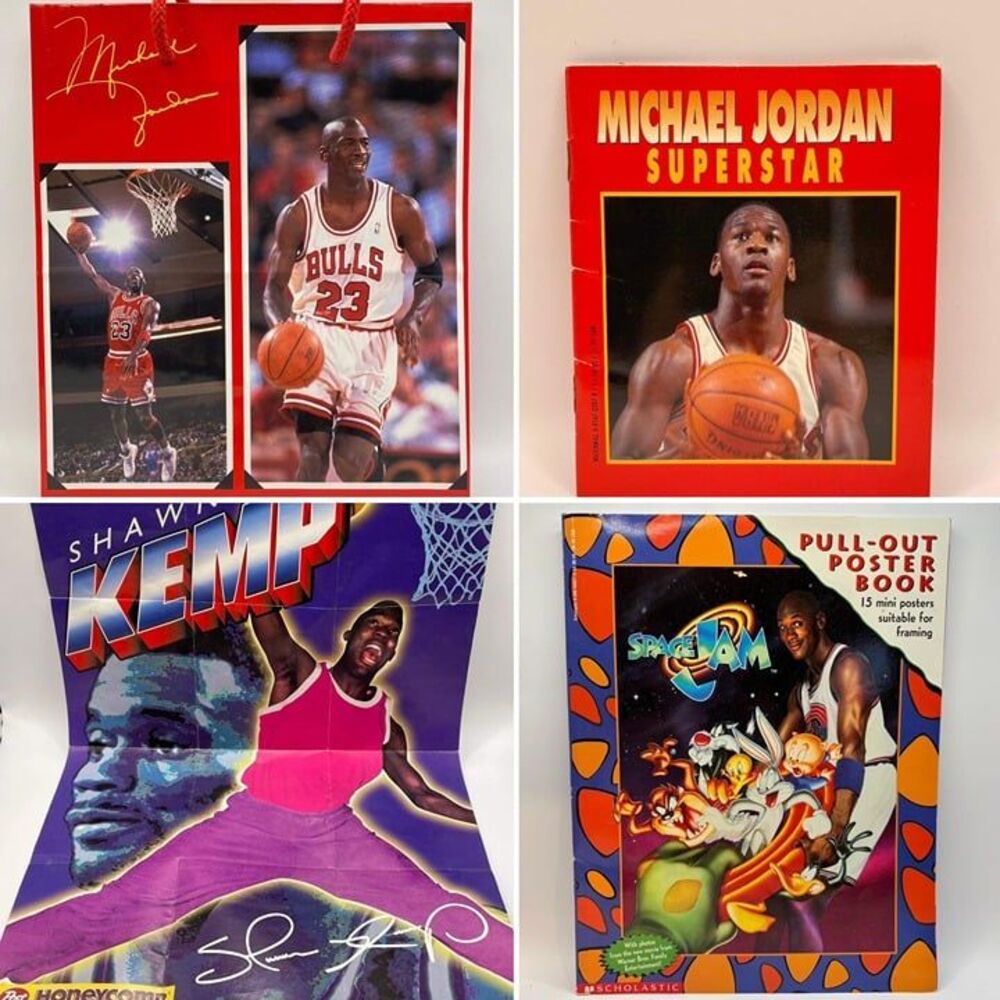 1990s Michael Jordan Gift Bag, MJ Book, Space Jam Poster Book, S. Kemp Poster